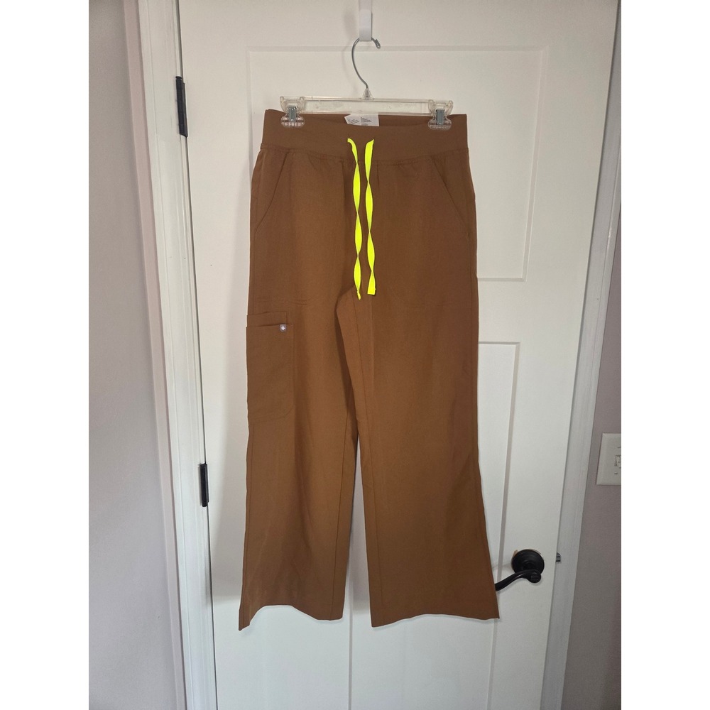 FIGS Wide Leg Scrub Pants Brown Neon Yellow Drawstring Small Petite NWT A03001